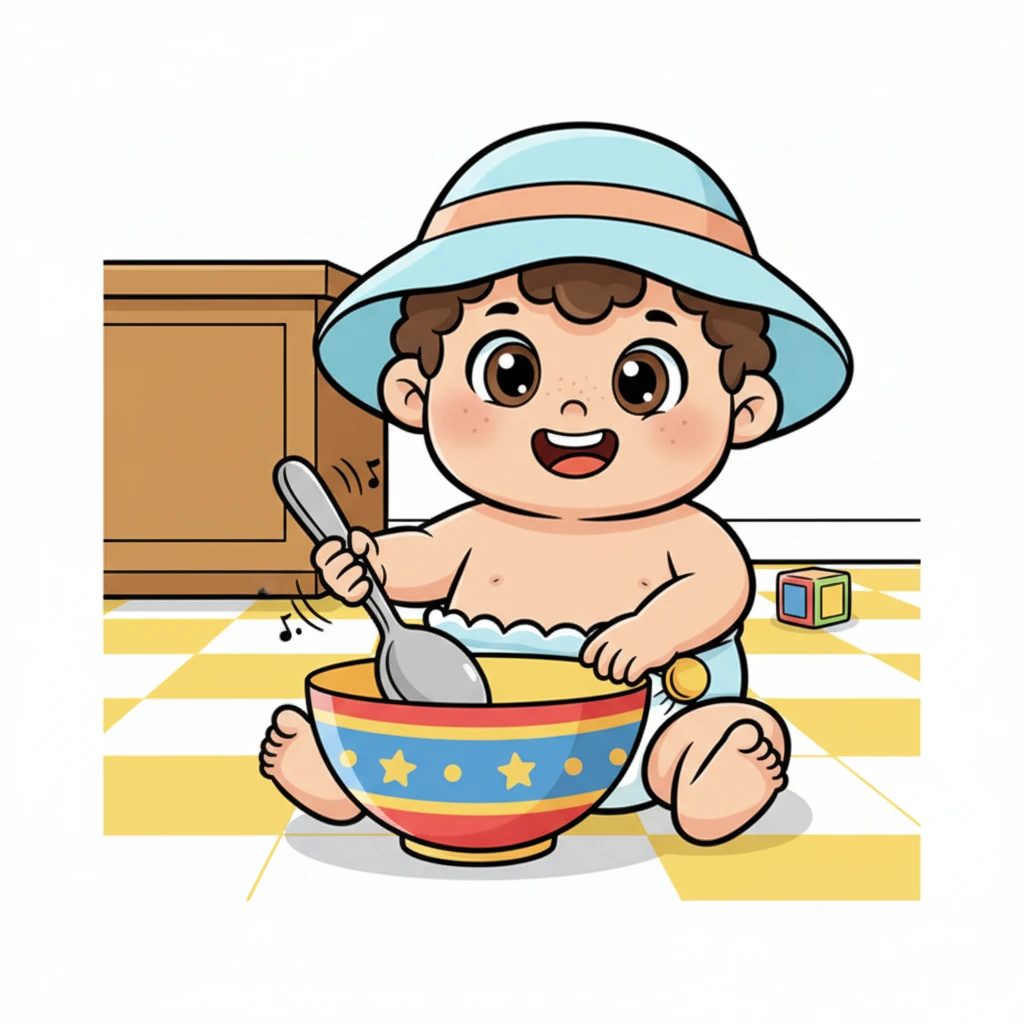 Following a fascinating clinking sound, Pip bravely ventured into the kitchen. He found a shiny metal spoon resting near a colorful mixing bowl. He tapped the spoon with his hand, making a delightful *clink-clank* sound that made him grin.