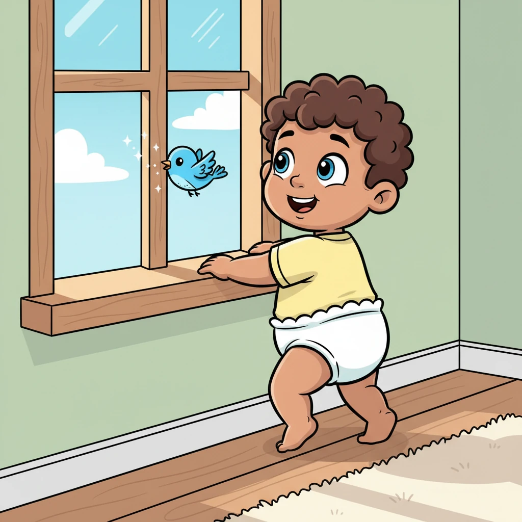 A flutter of wings caught Pip's eye from the living room window. He pulled himself up, peering outside with wide, wondering eyes. A tiny blue bird zipped past, making him bounce with silent excitement.
