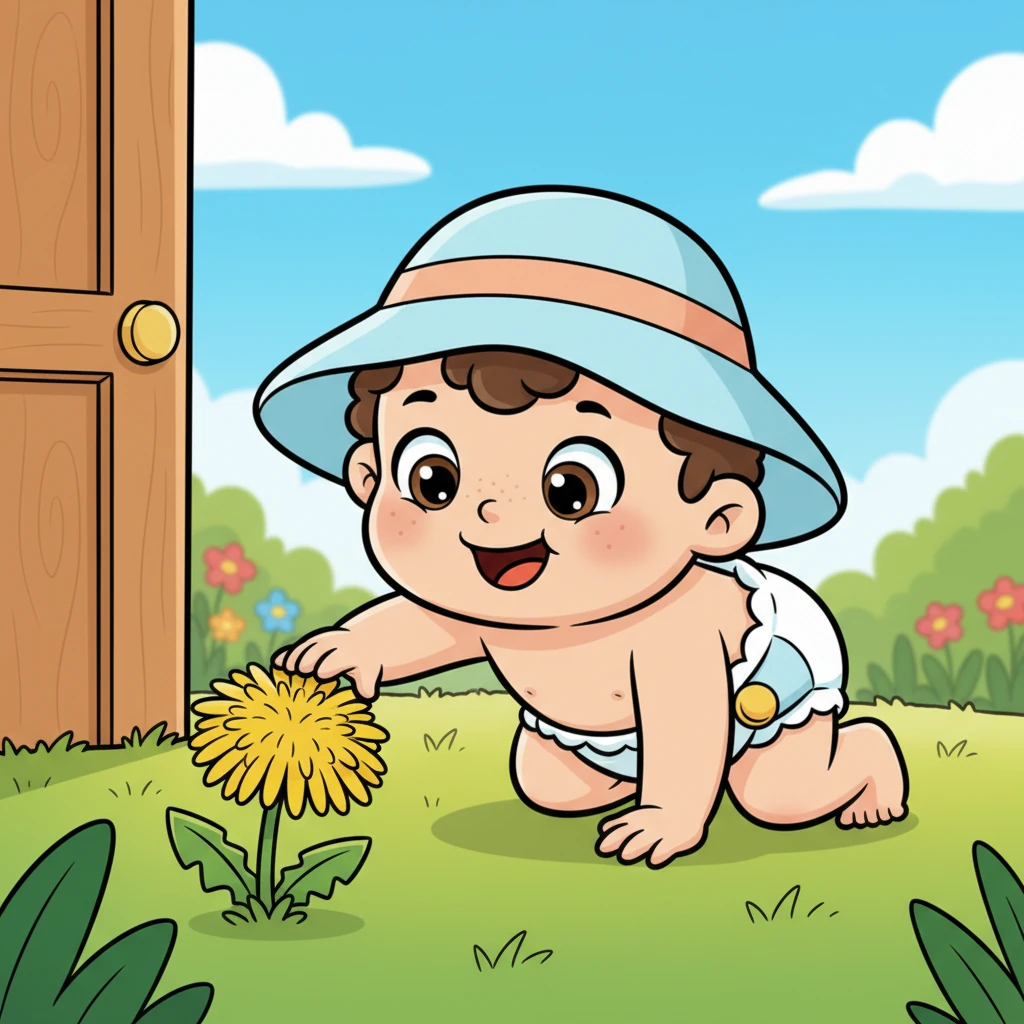 The outdoor world beckoned! Crawling through the back door, Pip discovered a patch of soft, green grass. He playfully patted a bright yellow dandelion, its petals tickling his fingertips. The fresh air felt wonderful on his cheeks.