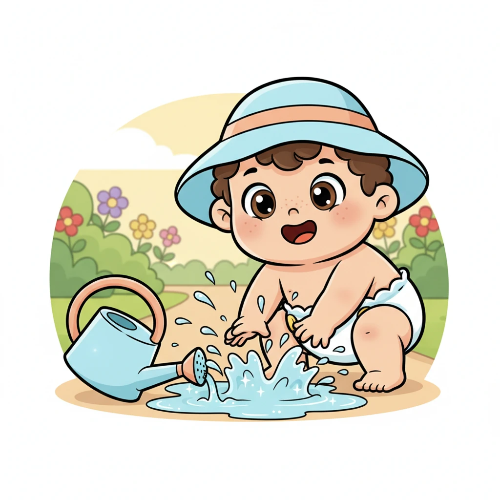 A watering can had tipped over, leaving a small, sparkling puddle. Pip's eyes lit up! He splashed his hands in the cool water, sending tiny droplets flying with joyful abandon. What a fun, watery discovery!