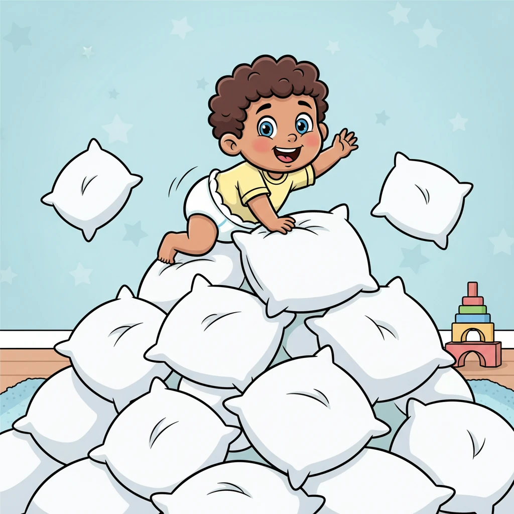 Oh no, a giant mountain! It was just a pile of fluffy pillows, but to Pip, it was an epic challenge. He giggled, determinedly crawling over the soft peaks, his little legs pushing hard. He conquered the pillow mountain with a triumphant cheer!