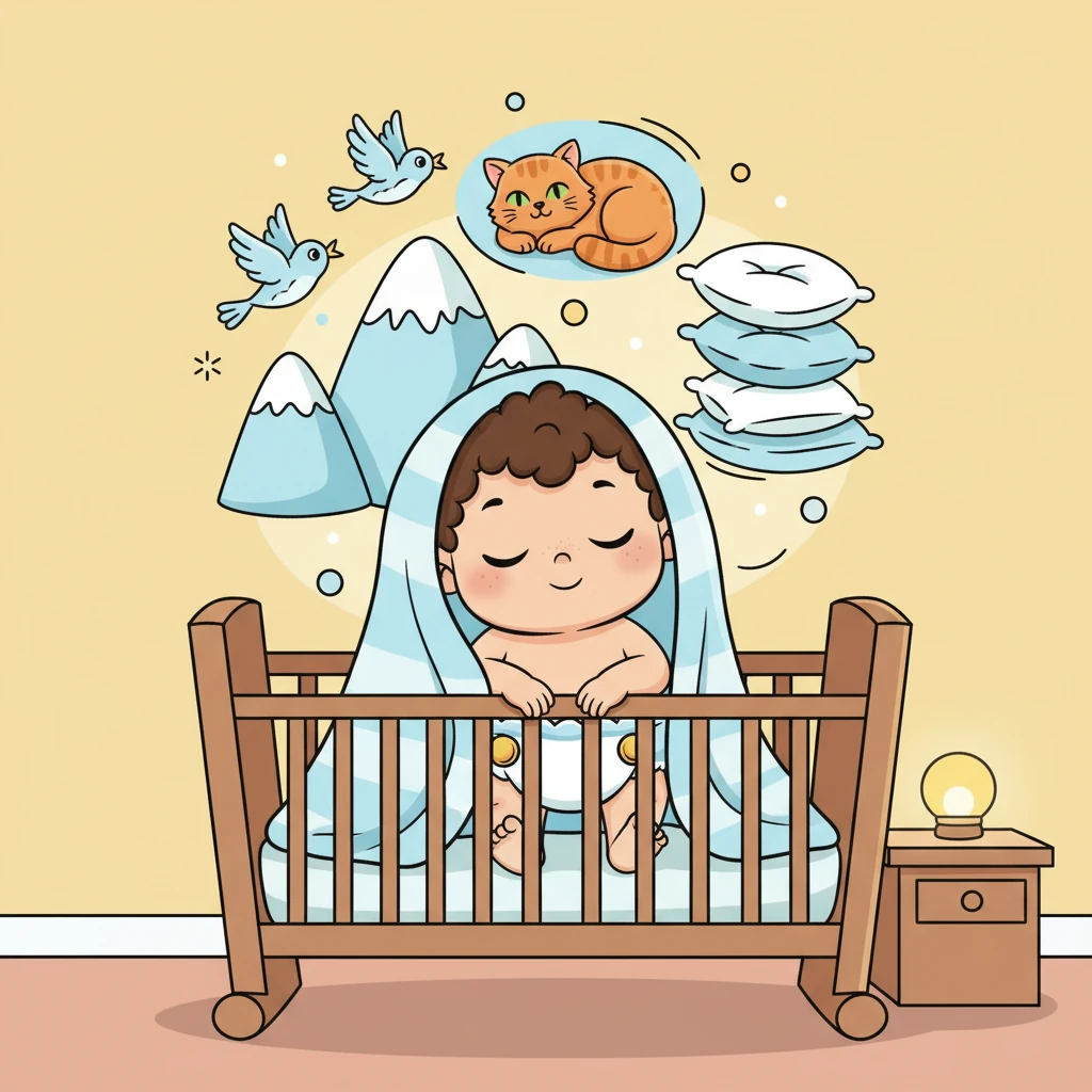 Tucked snugly in his bed, Pip closed his eyes, already drifting off to dreamland. He dreamt of flying birds, friendly cats, and endless pillow mountains waiting for him tomorrow. His diaper kept him cozy as he slept soundly.