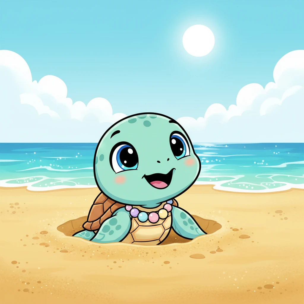 A tiny, bright-eyed sea turtle, Shelly, pokes his head out of a sandy nest on a sun-kissed beach. He looks small and full of wonder as gentle waves sparkle in the distance.
