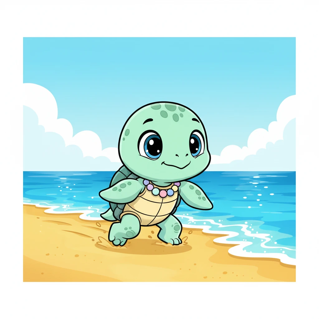 With a determined wiggle, Shelly makes his way across the warm sand, his flippers paddling towards the vast, sparkling blue ocean. He can almost taste the salty air.