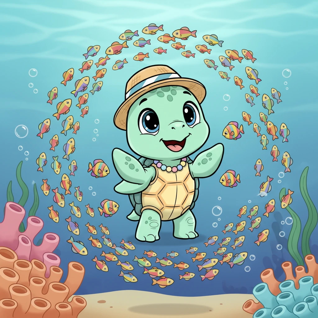 Suddenly, a vibrant school of tiny, rainbow-colored fish swirls playfully around Shelly, creating a dazzling, living kaleidoscope. They dart and dance, inviting him deeper into their underwater world.