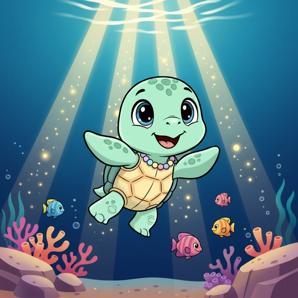Shelly swims deeper into the ocean, feeling the gentle currents guide him. Sunlight filters down from the surface, creating shimmering beams that dance through the water, illuminating the vastness all around him.