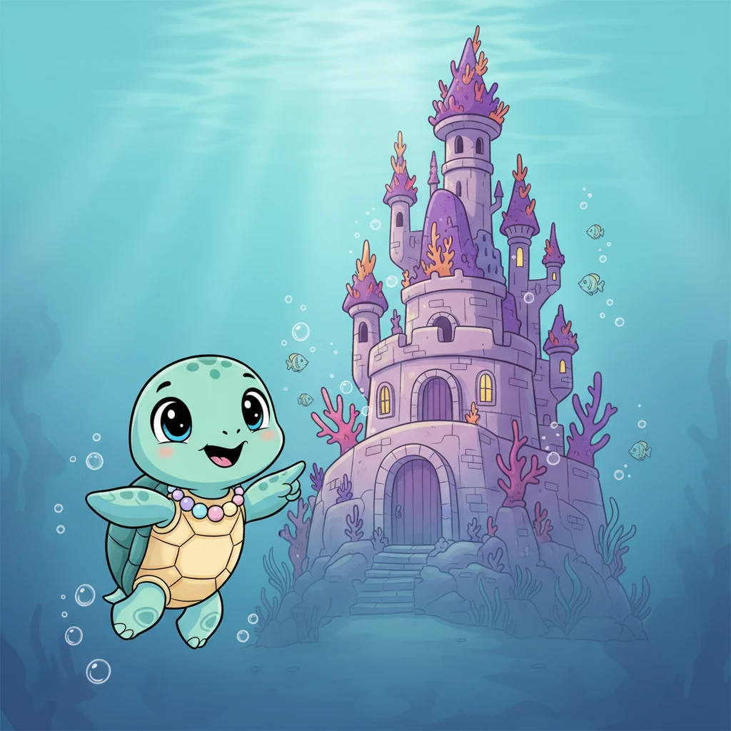 Through the hazy blue, Shelly spots a magnificent, glimmering structure in the distance. It's an ancient, mysterious underwater castle with whimsical towers and glowing coral spires.