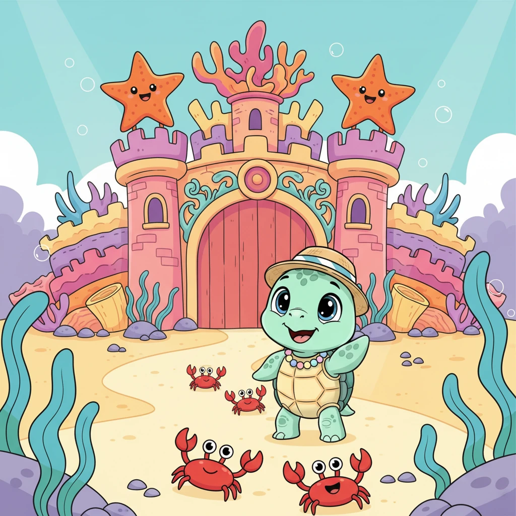 As Shelly approaches the castle, he sees friendly marine creatures guarding its entrance. Smiling starfish wave from coral turrets, and playful crabs scuttle across the sandy path leading to a grand archway.