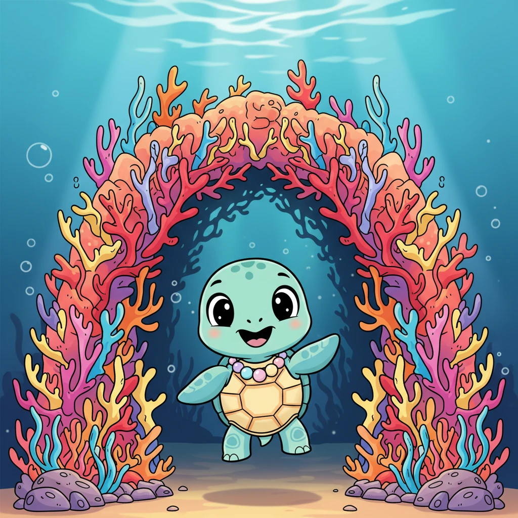 Shelly bravely glides through the castle's majestic archway, made entirely of colorful, intricate coral. He peeks inside, his heart thumping with excitement for what wonders await him.