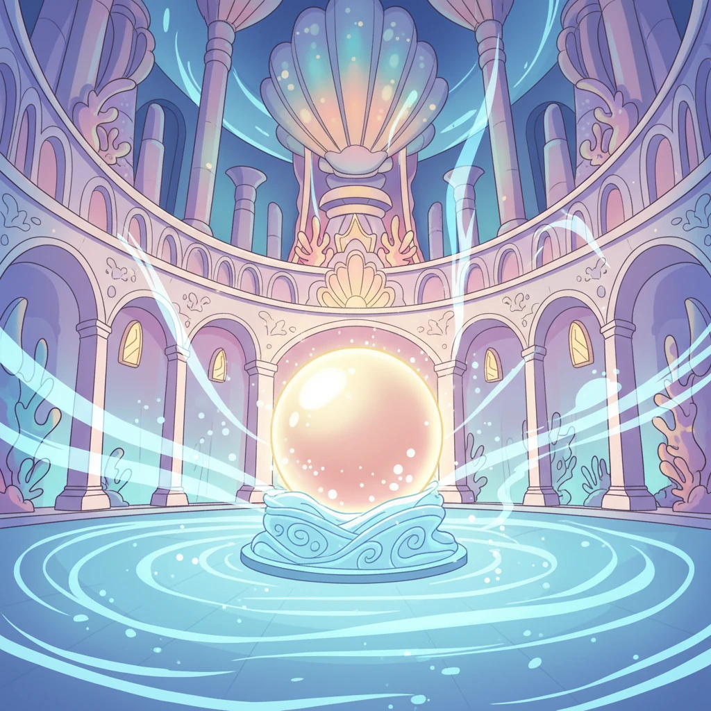 Inside the castle, a magical, softly glowing pearl rests in the center of a grand hall. Gentle currents swirl around it, making it pulse with a warm, inviting light that fills the entire chamber.