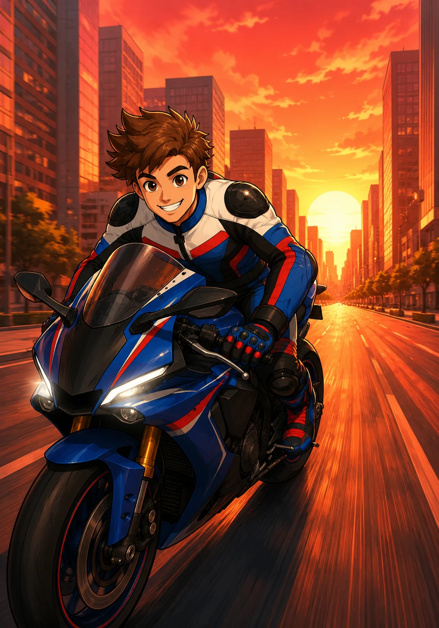 The morning sun broke over the city streets, casting a deep crimson glow that felt intensely nostalgic, like a vivid memory from 2017. Leo roared down the avenue on his Yamaha R1, heading to a morning meeting after his friend texted him about some incredible, urgent news.