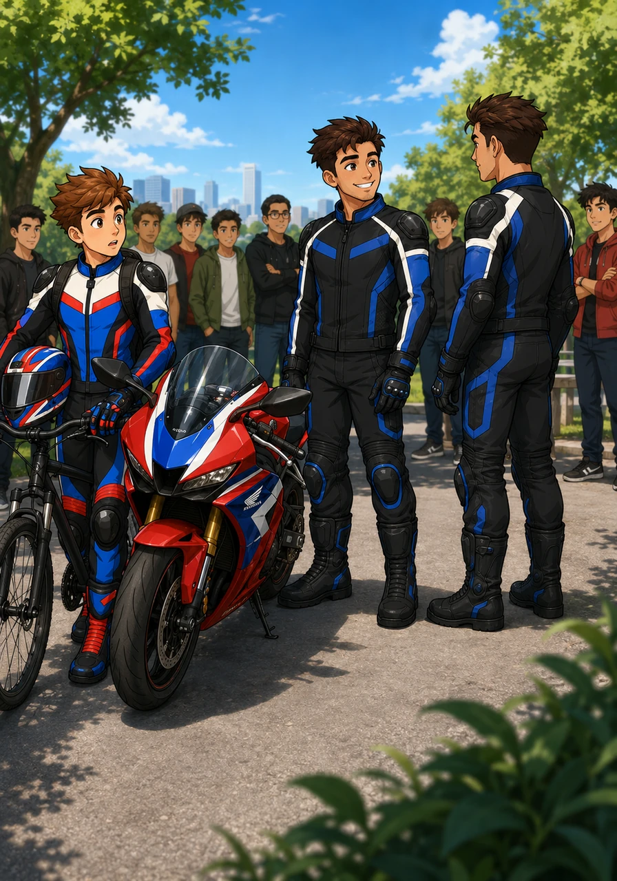 Leo parked his bike next to his friend’s Honda, noticing a small crowd gathered nearby, including the club's most infamous daredevil. Standing right beside the daredevil was a stranger whose oddly familiar silhouette immediately made Leo feel incredibly uneasy.
