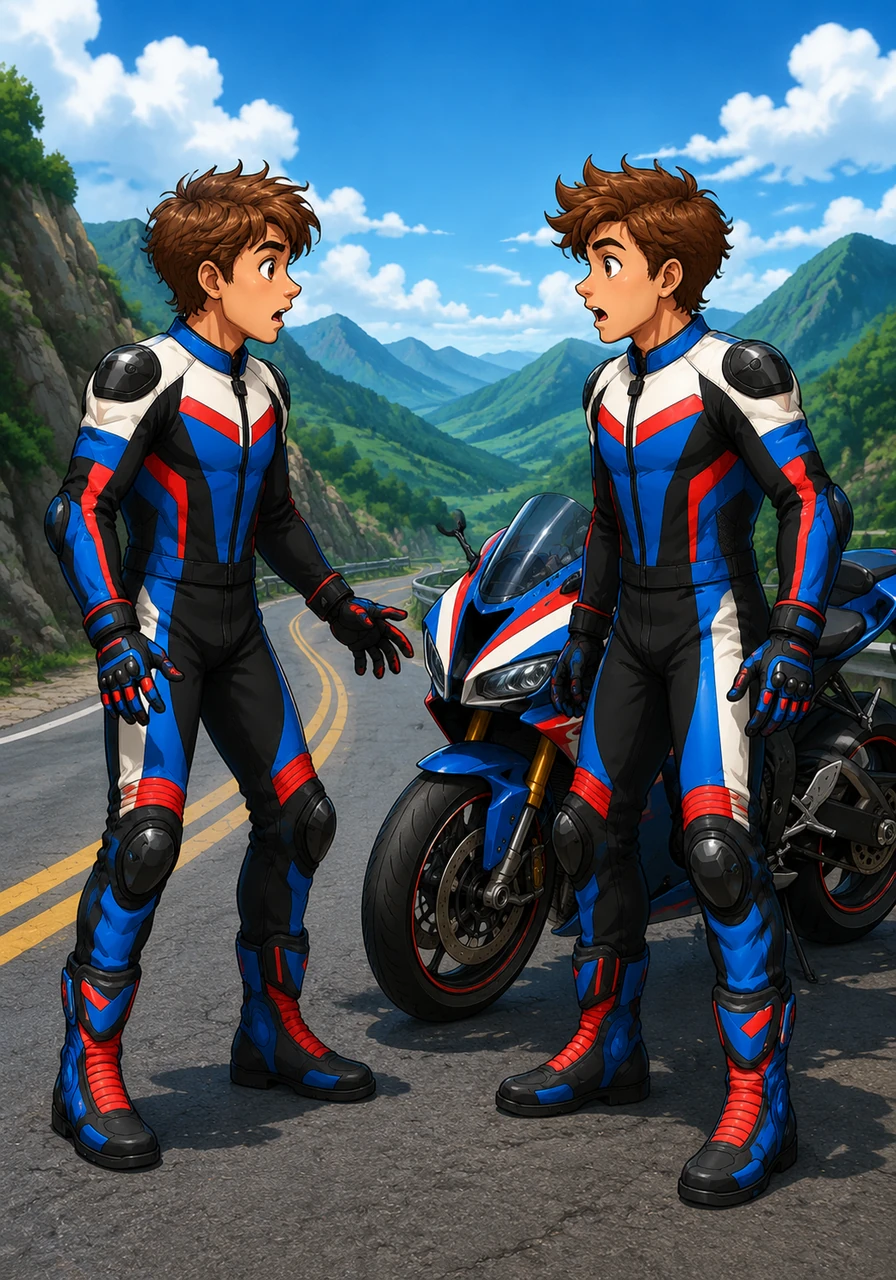 As Leo stepped closer, his breath caught in his throat and he froze in utter disbelief. The stranger was an exact mirror image of himself, sharing the identical facial features, hair color, riding gear, and even riding the exact same model of motorcycle.