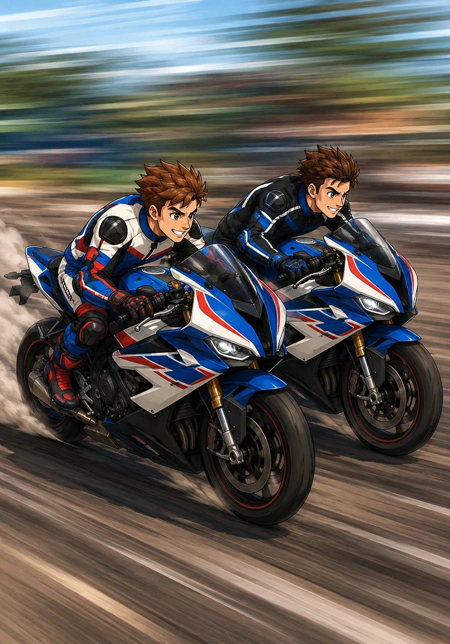 The two identical riders pushed their powerful bikes to the absolute limit, racing perfectly parallel to each other without losing a single inch. The world blurred around them as they competed to see who could coax the absolute maximum speed out of their matching engines.