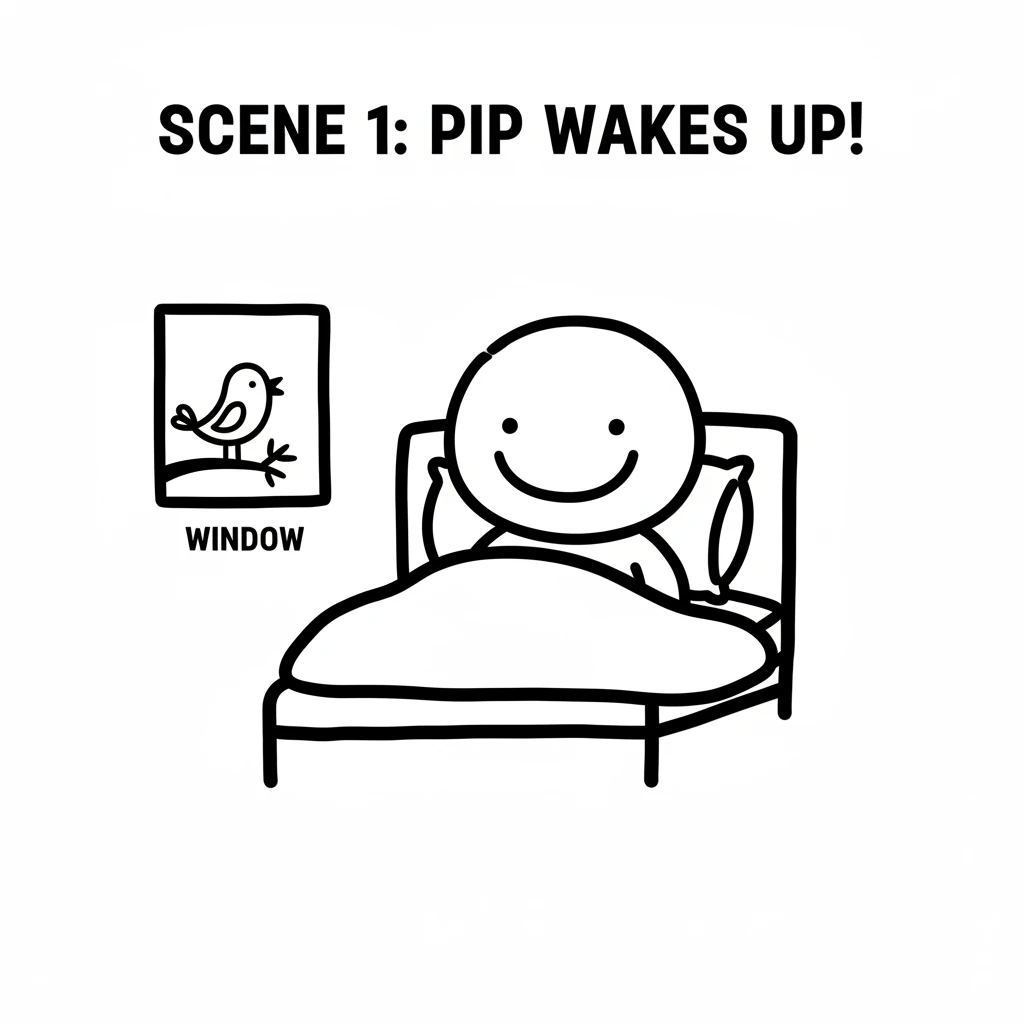 A simple black and white line drawing. A round-headed character (Pip) with two dot eyes and a wide curved smile, lying in bed. The bed is a simple rec