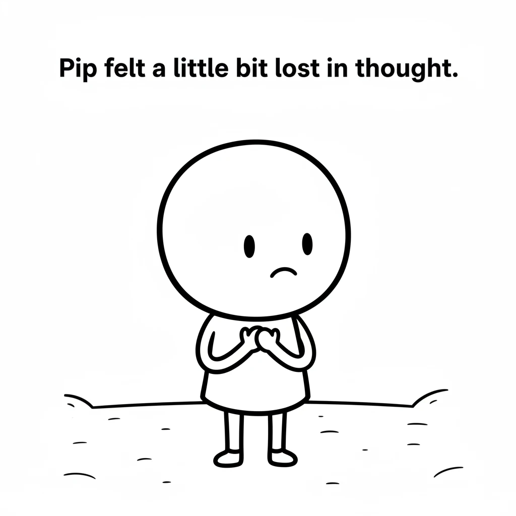 A simple black and white line drawing. Pip, a round-headed character, stands with a slightly downturned curved mouth, two dot eyes looking thoughtful.