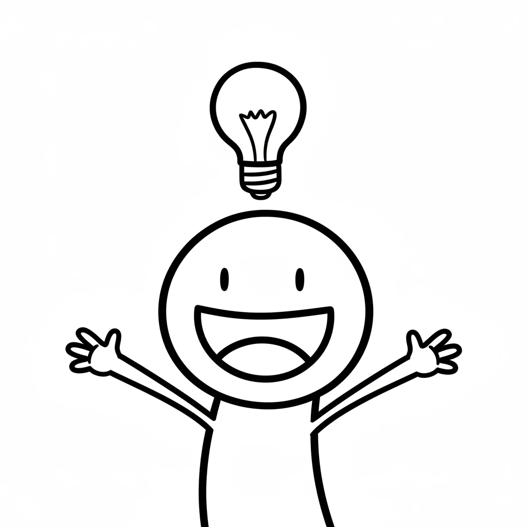 A simple black and white line drawing. Pip, a round-headed character with a big, wide curved smile and two dot eyes, stands with simple stick arms out