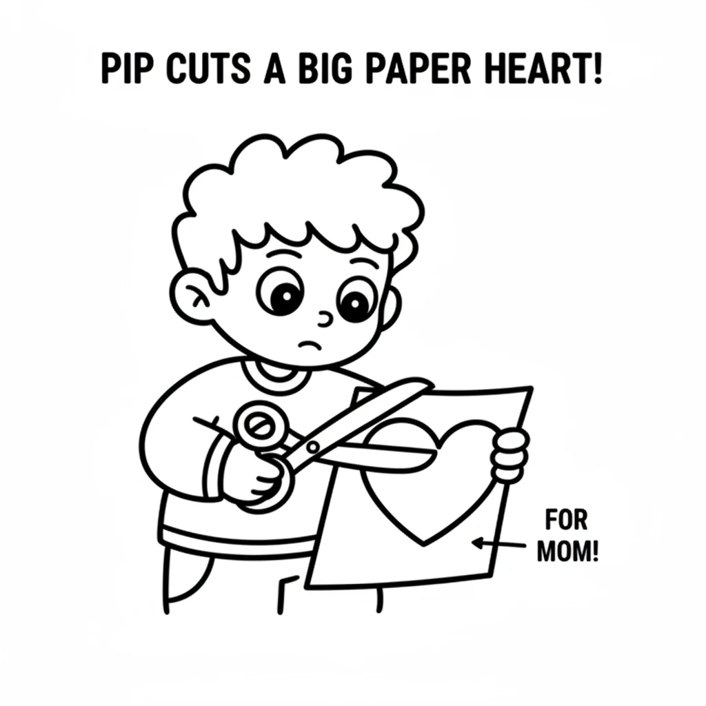 A simple black and white line drawing. Pip's simple stick hands hold bold line scissors, which are cutting a large, simple heart shape from a plain re