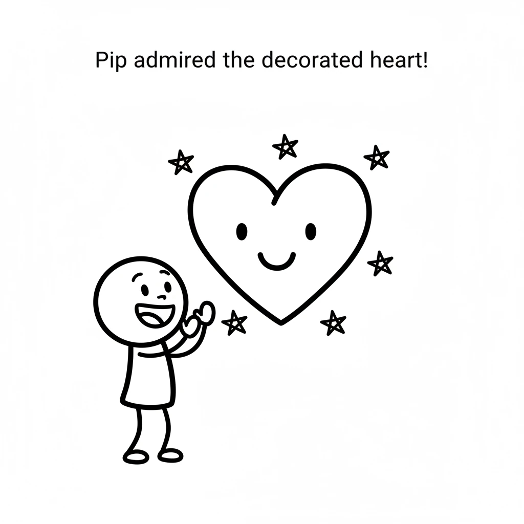 A simple black and white line drawing. The bold-lined heart cutout, with its simple smiley face, is now surrounded by a few small, iconic star shapes