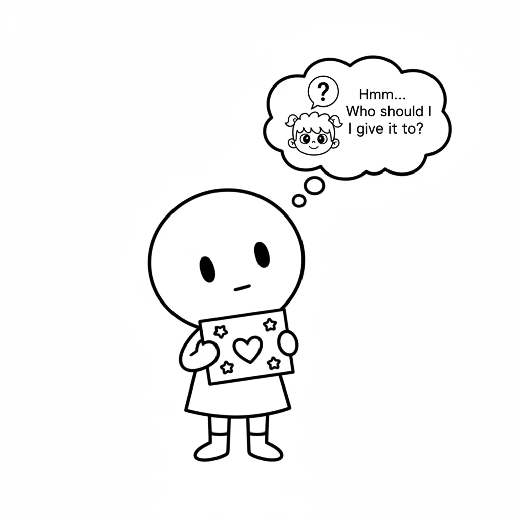 A simple black and white line drawing. Pip, a round-headed character, holds the finished, decorated heart valentine in simple stick hands. Pip's head