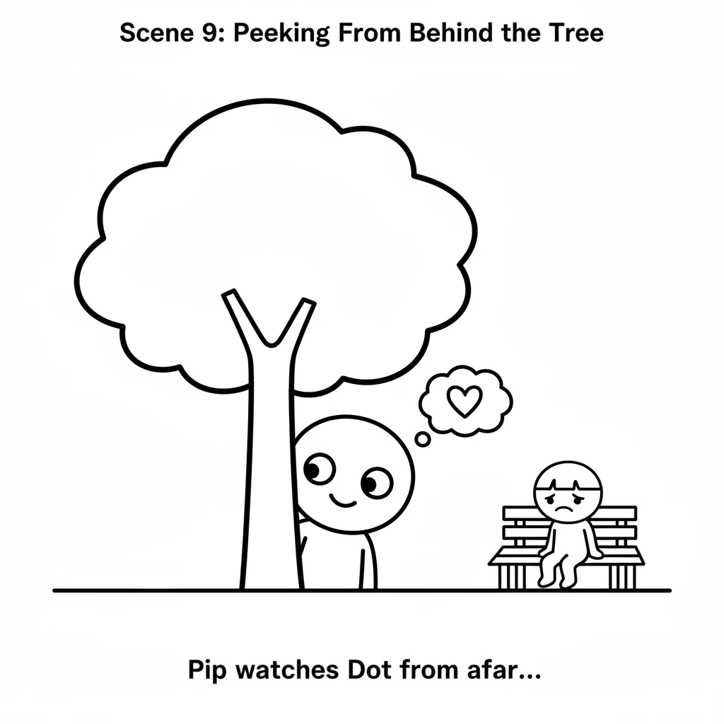 A simple black and white line drawing. Pip, a round-headed character, is partially visible, peeking from behind a simple, rounded tree shape (a large