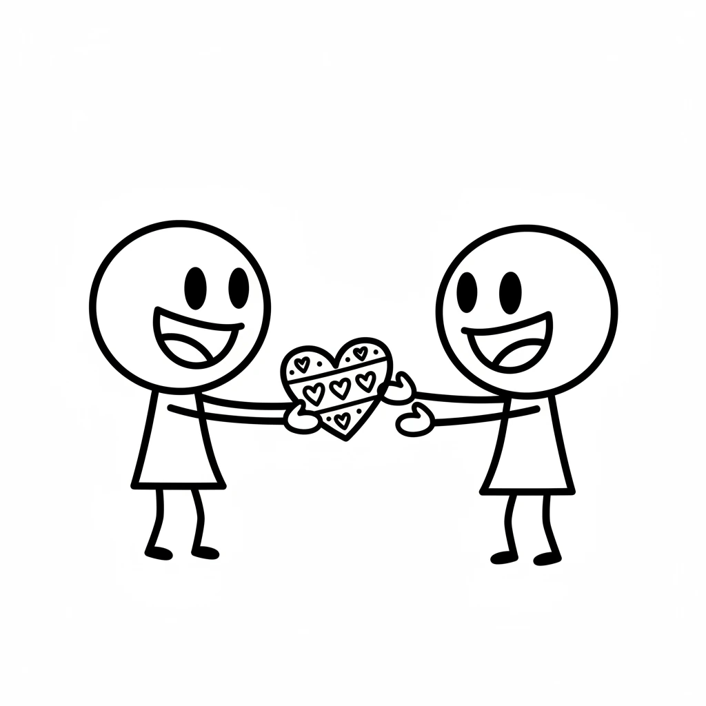 A simple black and white line drawing. Pip, a round-headed character with a wide, happy curved smile, is handing the decorated heart valentine to Dot.