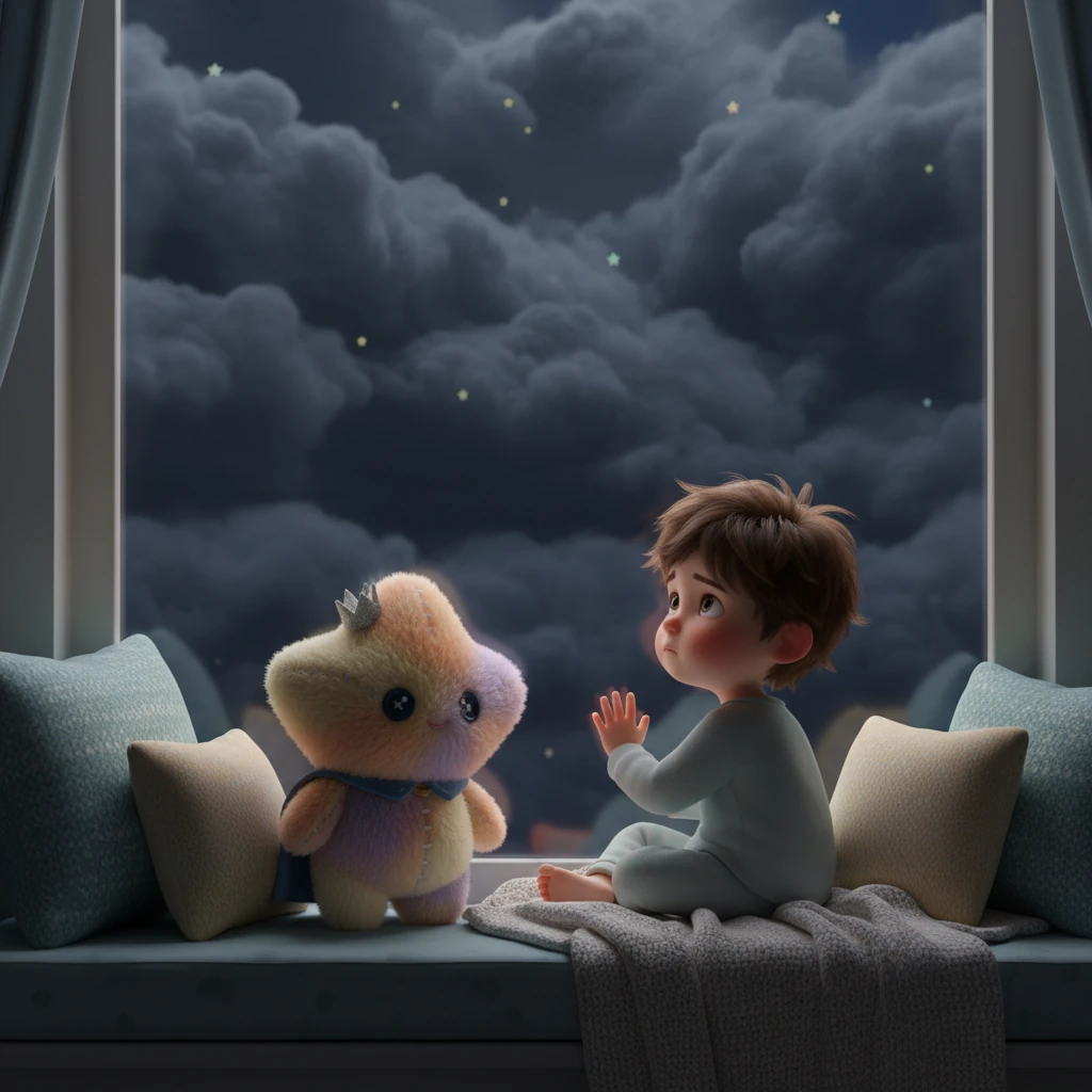 A small boy, snuggled in his window, looked up at the cloudy sky with a sigh, disappointed that he couldn't see his favorite twinkling friends. Most stars were indeed hidden, swallowed by the soft, dark clouds.