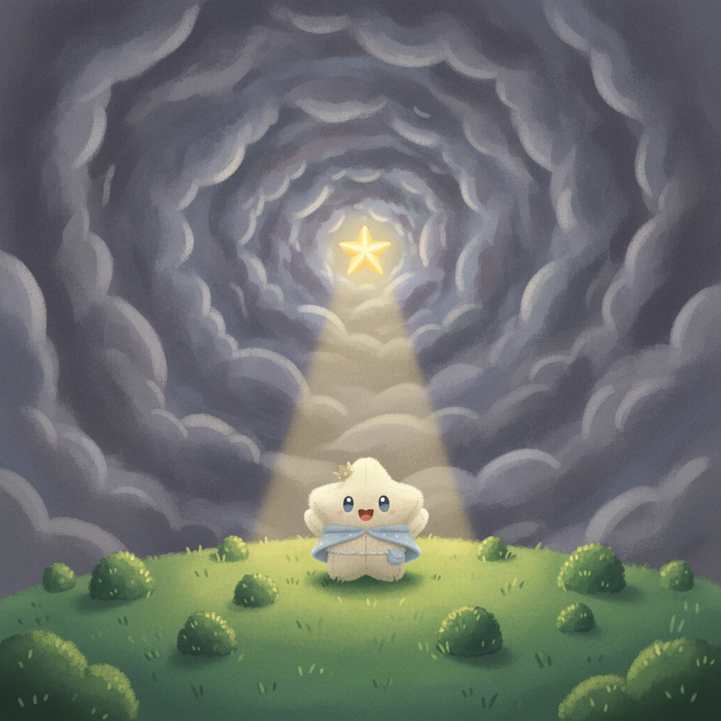 But then, a tiny, determined light peeked through a small gap in the clouds, a brave little spark. The boy's eyes widened with delight, and he shouted happily, 'Look! A star! Just one little star!'