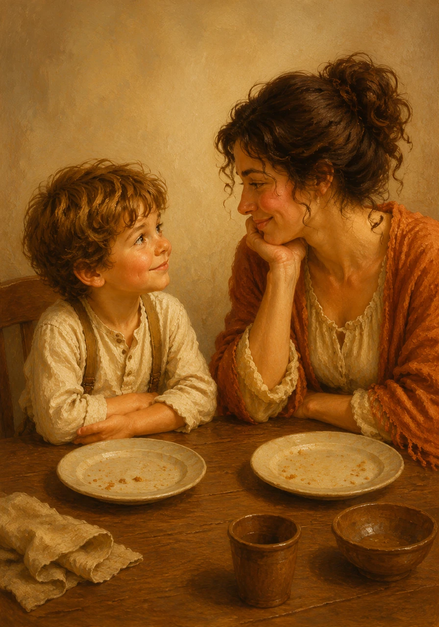 Sitting directly across from the front view, Leo and his mother shared a warm, knowing glance at the finished meal. The plates were completely clean, leaving only crumbs of a wonderful dinner well spent.
