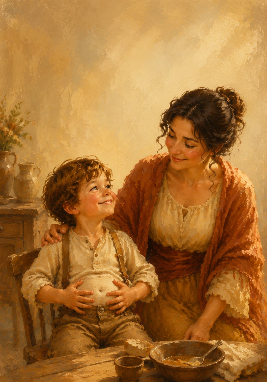 With a full stomach and a heavy heart of gratitude, Leo patted his tummy and grinned widely at his mother. The background of the dining room glowed with a soft, comforting vibe, leaving plenty of peaceful, open space above them.