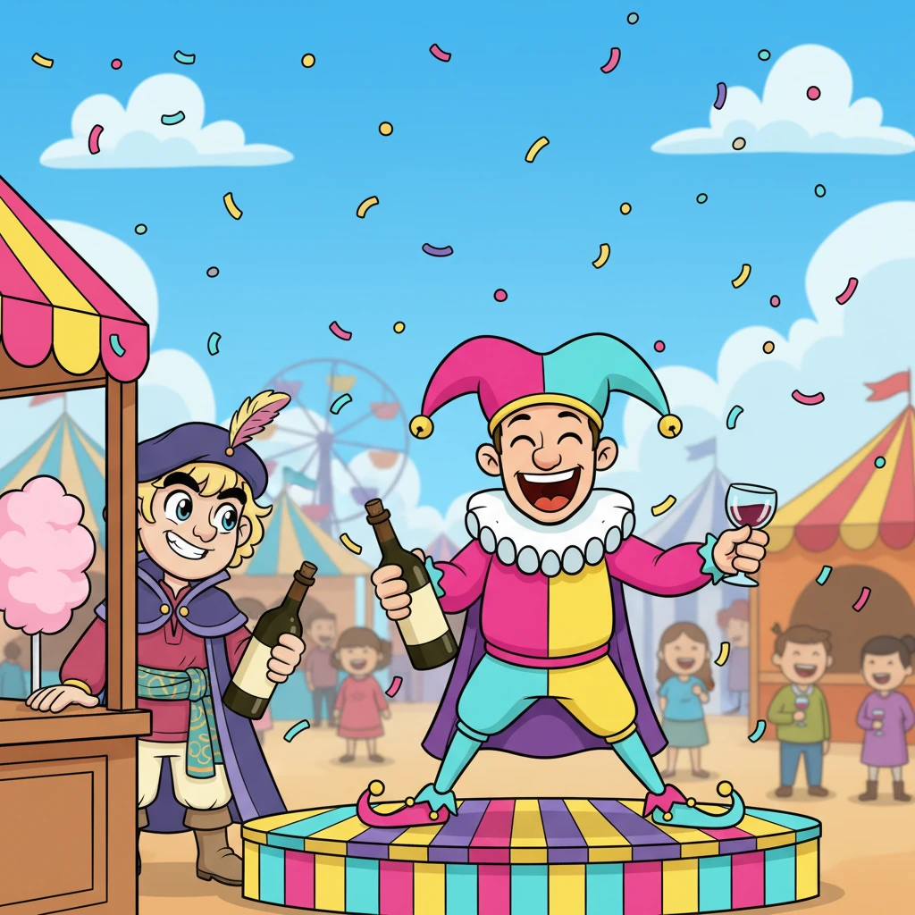 The grand carnival buzzed with joyous energy, a kaleidoscope of confetti and laughter. Amidst the swirling crowd, Monty Mirthful, a sprightly fellow with a mischievous grin, spotted his friend Ferdinand Fizzy, a flamboyant jester, boasting loudly about his incredible wine knowledge to anyone who would listen. Monty's eyes twinkled with a playful idea.
