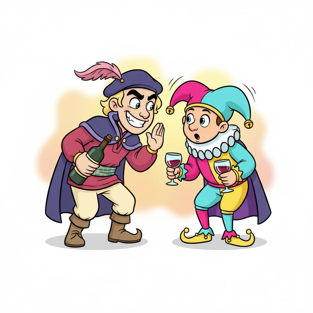 With a sly grin, Monty approached Ferdinand, whispering about a newly discovered, legendary "Amontillado" that was truly extraordinary. Ferdinand's exaggerated jester hat, adorned with jingling bells, bobbed excitedly as he leaned in, eager to prove his superior palate and uncover this mysterious vintage.