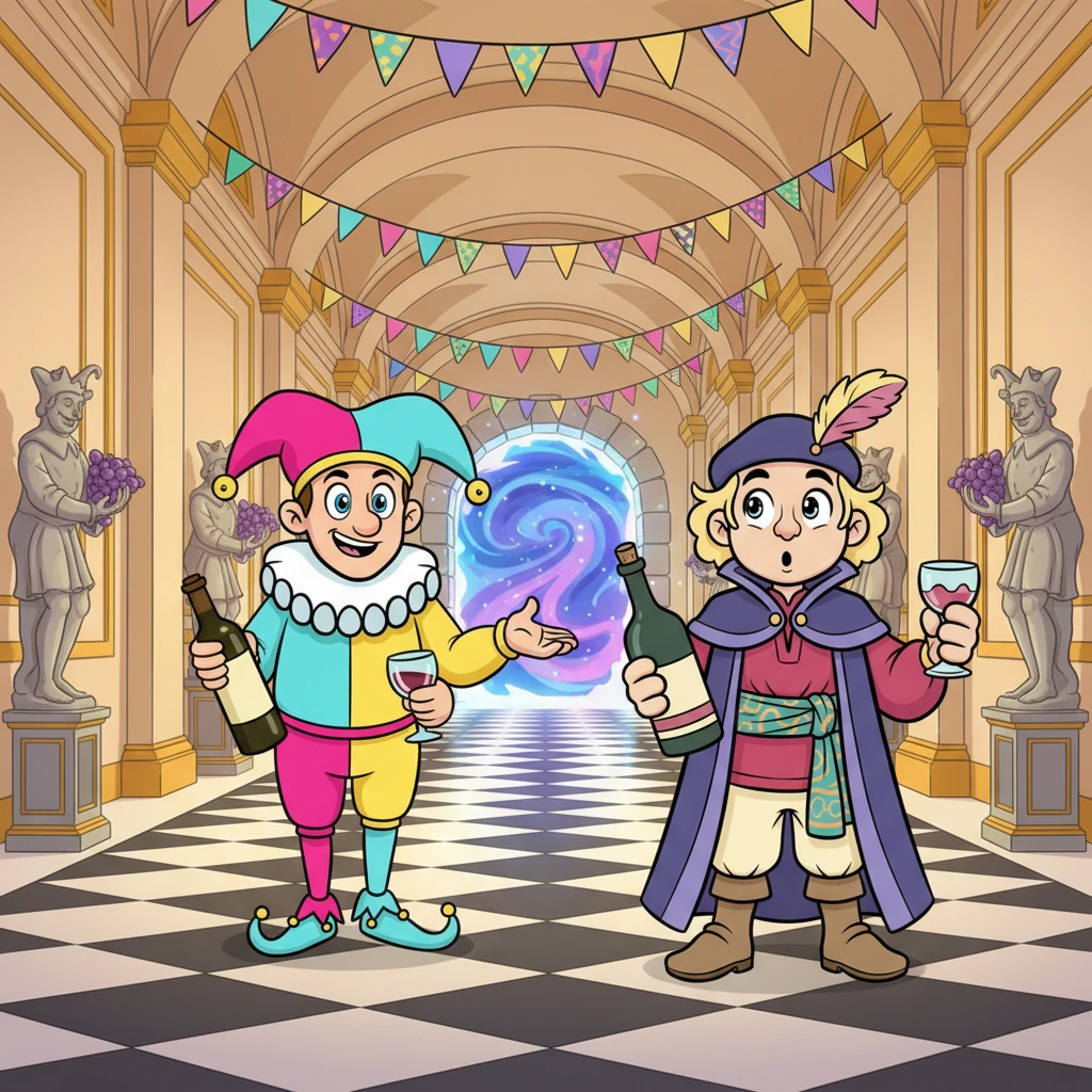 Monty led Ferdinand away from the carnival's hustle and bustle, through the grand, playfully decorated entrance of his palazzo. Whimsical statues and colorful banners lined the halls as they headed towards a mysteriously swirling archway. This archway promised to lead to the secret, special wine vaults, igniting Ferdinand's curiosity.