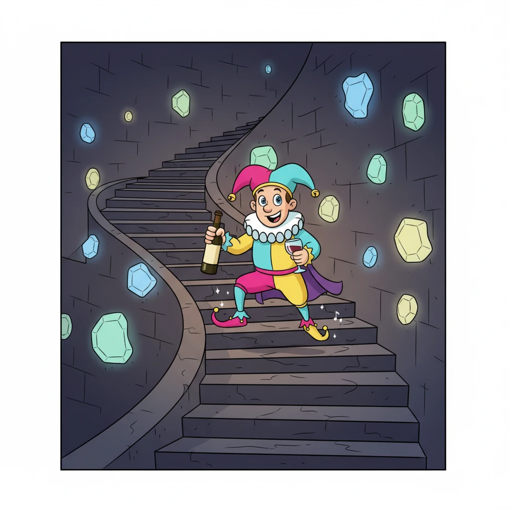 Down a long, winding staircase they went, into the playfully dim vaults, where friendly-looking, glowing "nitre" formations sparkled on the walls like tiny jewels. Ferdinand's bells jingled merrily with each bouncy step, adding a cheerful rhythm to their descent into the unknown depths.