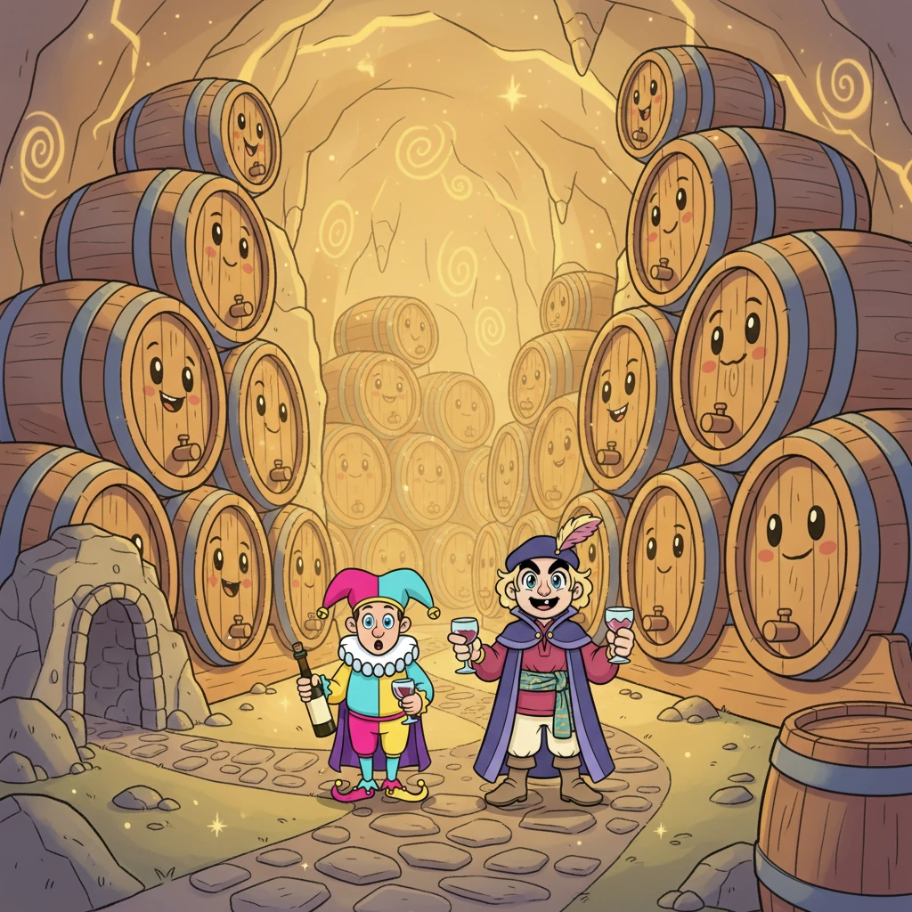 They ventured deeper into the twisting, turning tunnels, which eventually opened up into a vast, cavernous room filled with giant, cartoonish wine barrels stacked high. A soft, magical light emanated from the walls, illuminating their path and making the barrels glow with inviting warmth.