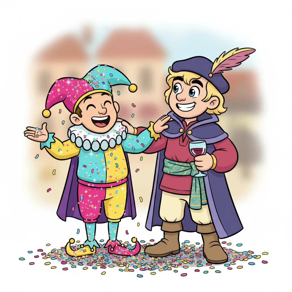 Covered in sparkling confetti, Ferdinand laughed heartily, realizing Monty's clever, good-natured prank. He playfully shook his head, admitting that sometimes, being a little less boastful made for much more fun and laughter. Monty clapped him on the back, both friends sharing a genuine, happy smile.