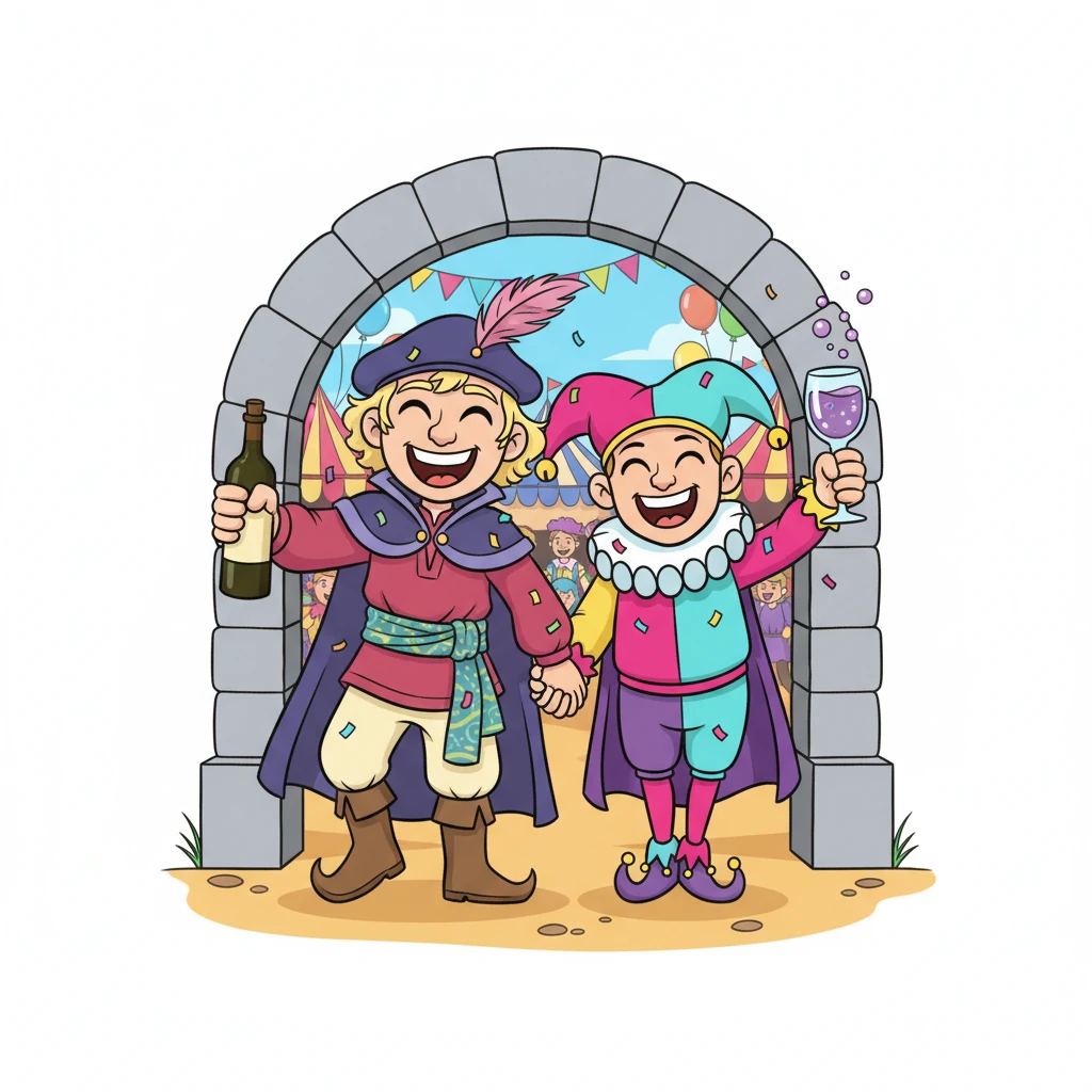 Arm-in-arm, still chuckling and covered in a few stray pieces of confetti, Monty and Ferdinand emerged from the vaults and rejoined the vibrant, noisy carnival. They celebrated their adventure by sharing a delicious, sparkling "Fizzy Grape Surprise!" drink, enjoying the festivities and their renewed, cheerful friendship.