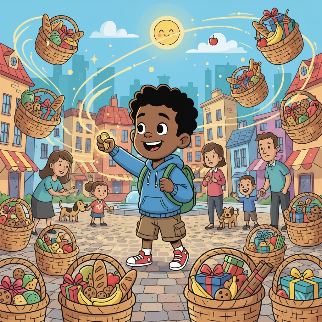 Isaiah, remembering the hungry people he'd seen, decided to use the coin to help his community. He wished for food and gifts for those in need, and instantly, baskets of delicious food and presents appeared.