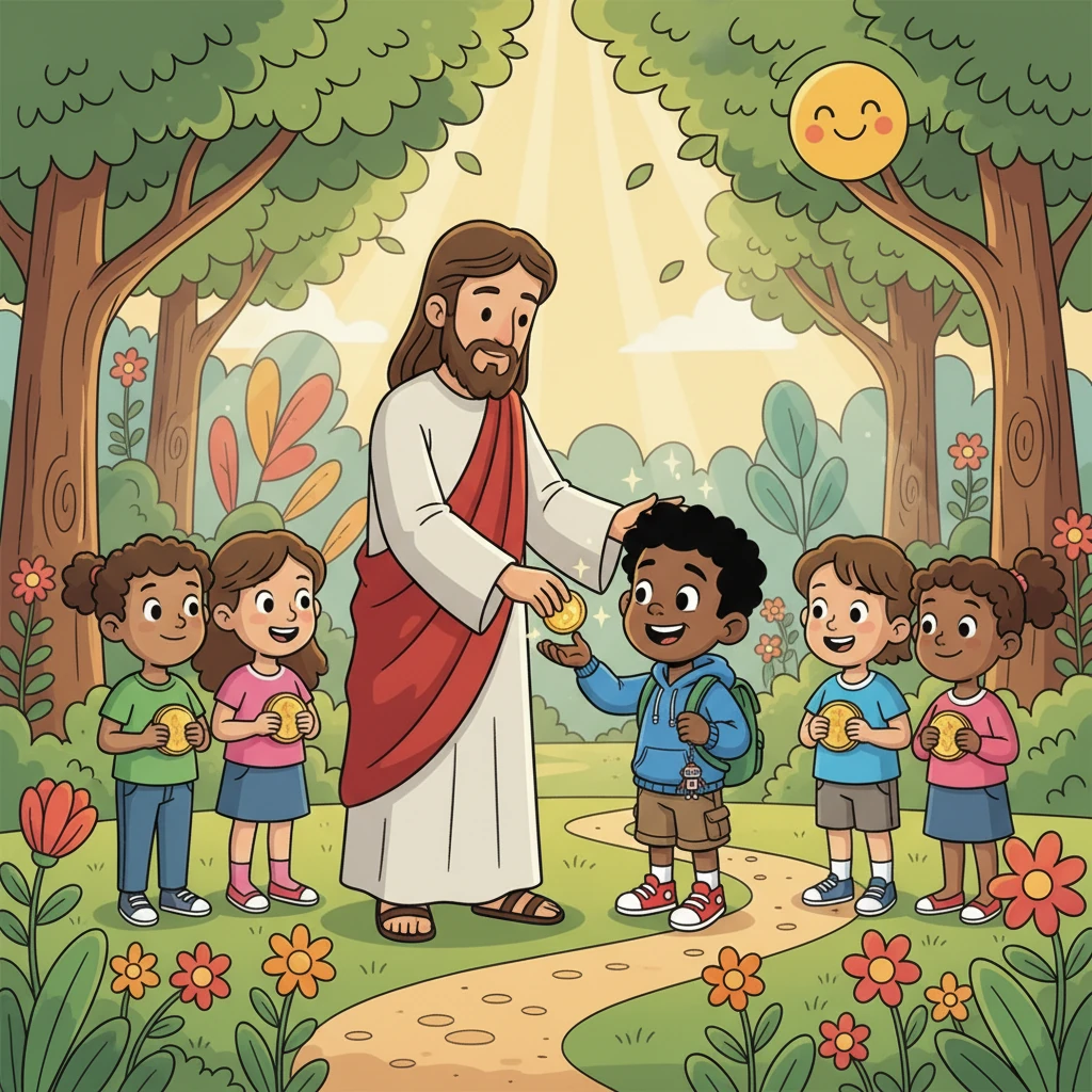 Jesus blessed Isaiah's friends, gifting each of them a golden coin. "Now, go forth and spread kindness, just as Isaiah has done," he said, his voice filled with warmth. They all smiled, ready to spread the magic.