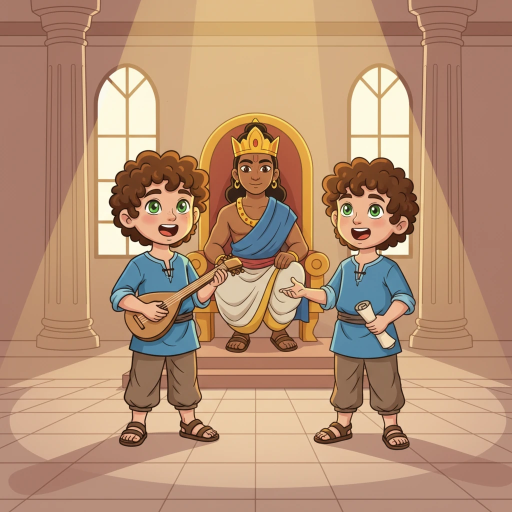 The Royal Recital. Lord Rama himself is seated, listening intently. Standing before him are two young boys, Kusha and Lava, singing the Ramayana. They are twins, identical in age, and living images of the great King Rama. The atmosphere is intensely illuminated, as if a great lamp is being waved in devotion to the brilliance of the epic itself.