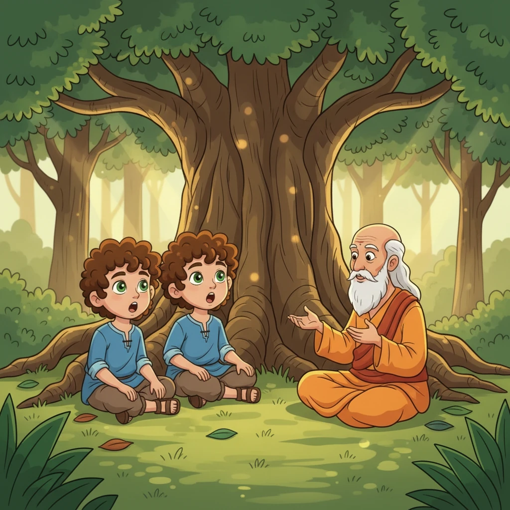 Long ago, in a peaceful forest ashram, young Kusha and Lava lived with the wise sage Valmiki. They spent their days learning, playing, and listening to the sage's enchanting stories. It was here, under the rustling leaves, that they first heard the magnificent tale of Prince Rama.