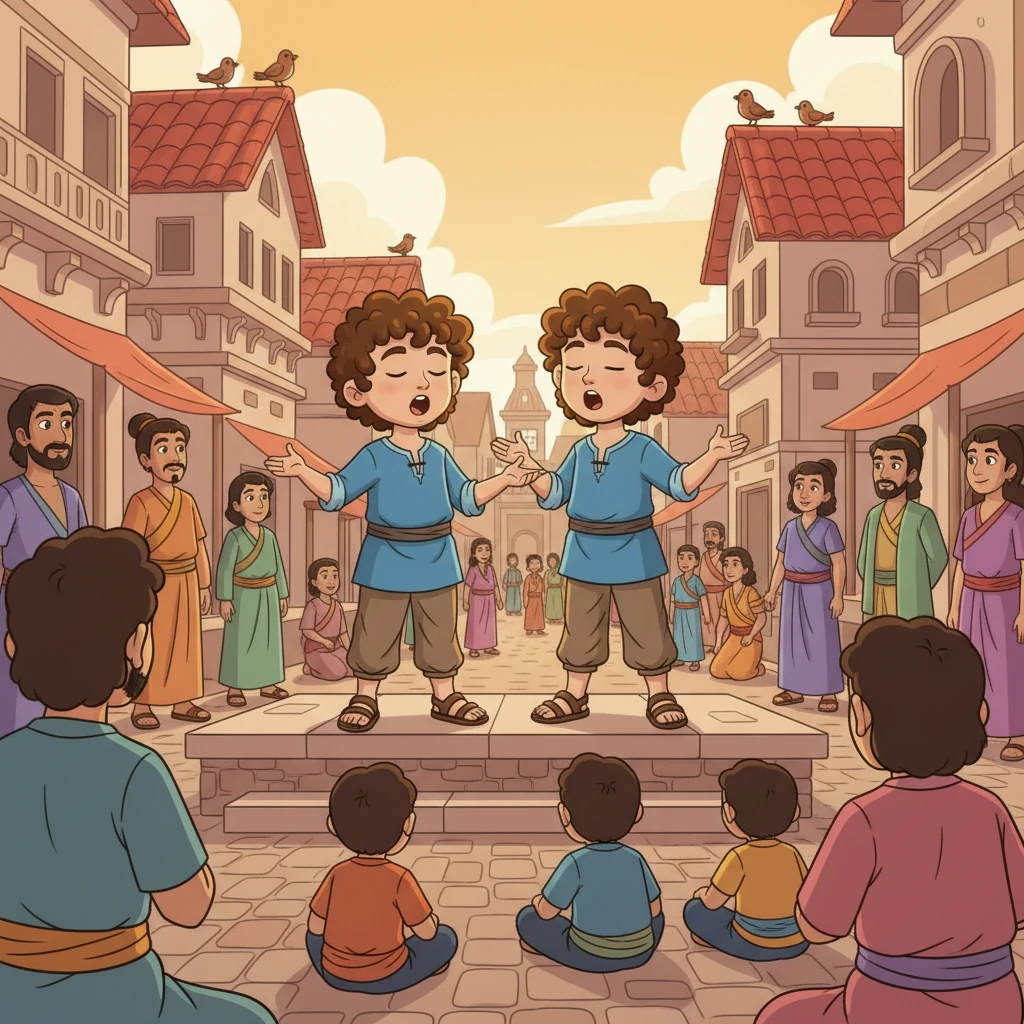 In the bustling streets of Ayodhya, the twins began to sing. Their melodious voices, rich with emotion, captivated everyone who heard them. People stopped their work, children gathered, and even the birds seemed to pause their songs to listen to the tale of Rama.