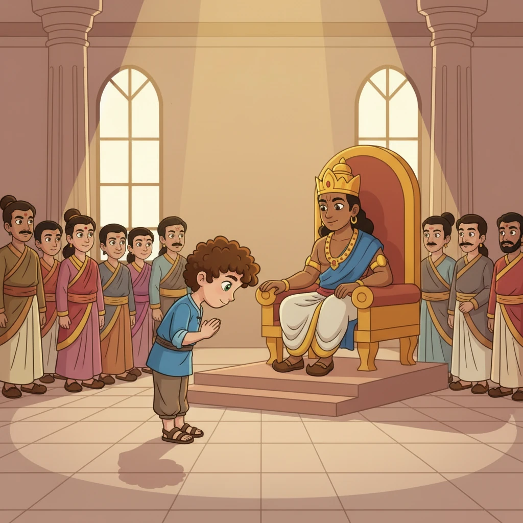 News of the extraordinary singers reached the royal palace. King Rama, intrigued by the descriptions of the boys and their beautiful rendition of his own life story, invited them to perform at court. He wondered who these mysterious, talented children could be.