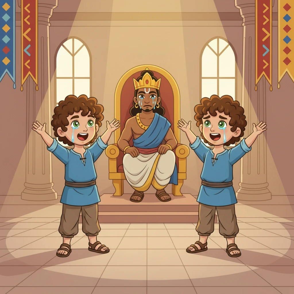 During their performance, Kusha and Lava sang of Sita's sorrowful exile in the forest, their voices echoing the deep pain and unwavering dignity of the queen. Rama listened, his heart heavy with memories, tears welling in his eyes as he relived those difficult moments.