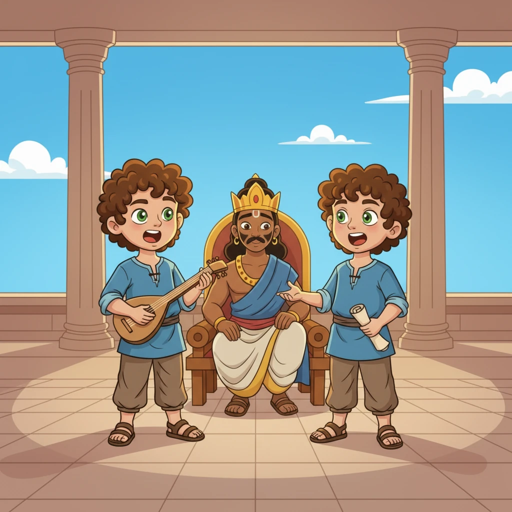 As they sang of Sita giving birth to twin sons in the ashram, Rama's gaze fixed on the boys. Their striking resemblance to him, their knowledge of his private life, and the profound emotion in their song stirred a powerful realization within him. A flicker of hope ignited in his soul.