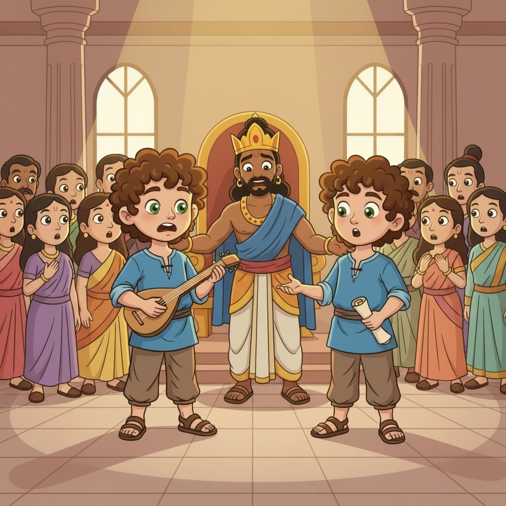 Overwhelmed with emotion, Rama stood up, his voice trembling as he asked them about their mother. The boys, with innocent eyes, revealed they were the sons of Sita, raised by Sage Valmiki. A wave of astonishment and joy swept through the royal court.