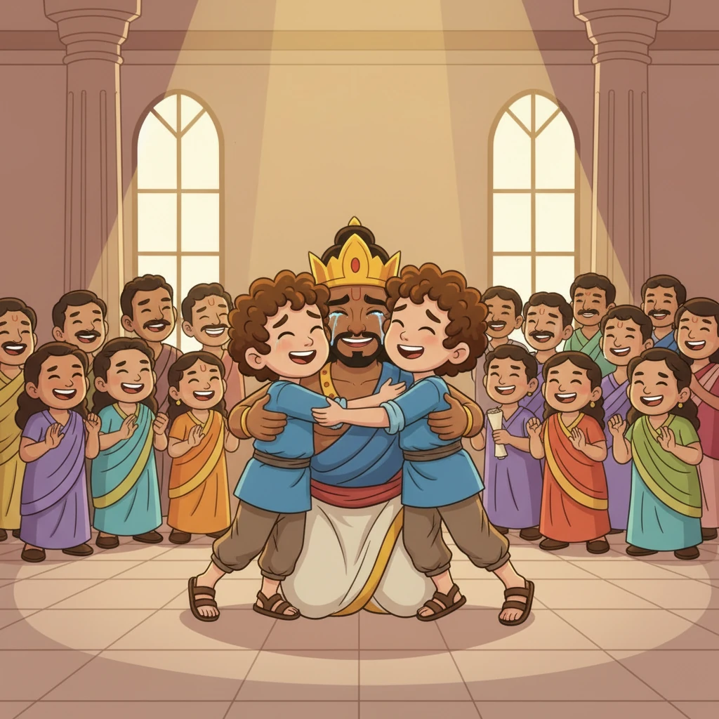 With tears of happiness, Rama embraced his long-lost sons, Kusha and Lava. The entire kingdom rejoiced at the reunion, as the epic song culminated in the most beautiful family reunion. Their story became a testament to enduring love and the power of truth.