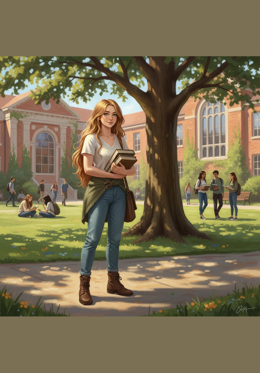 Aubrey walks through the sunlit college campus, her long, dirty blonde hair catching the light as she adjusts her glasses. She wears a soft cropped sweater and grey jeans, her four bracelets clinking softly with every step she takes toward the library.
