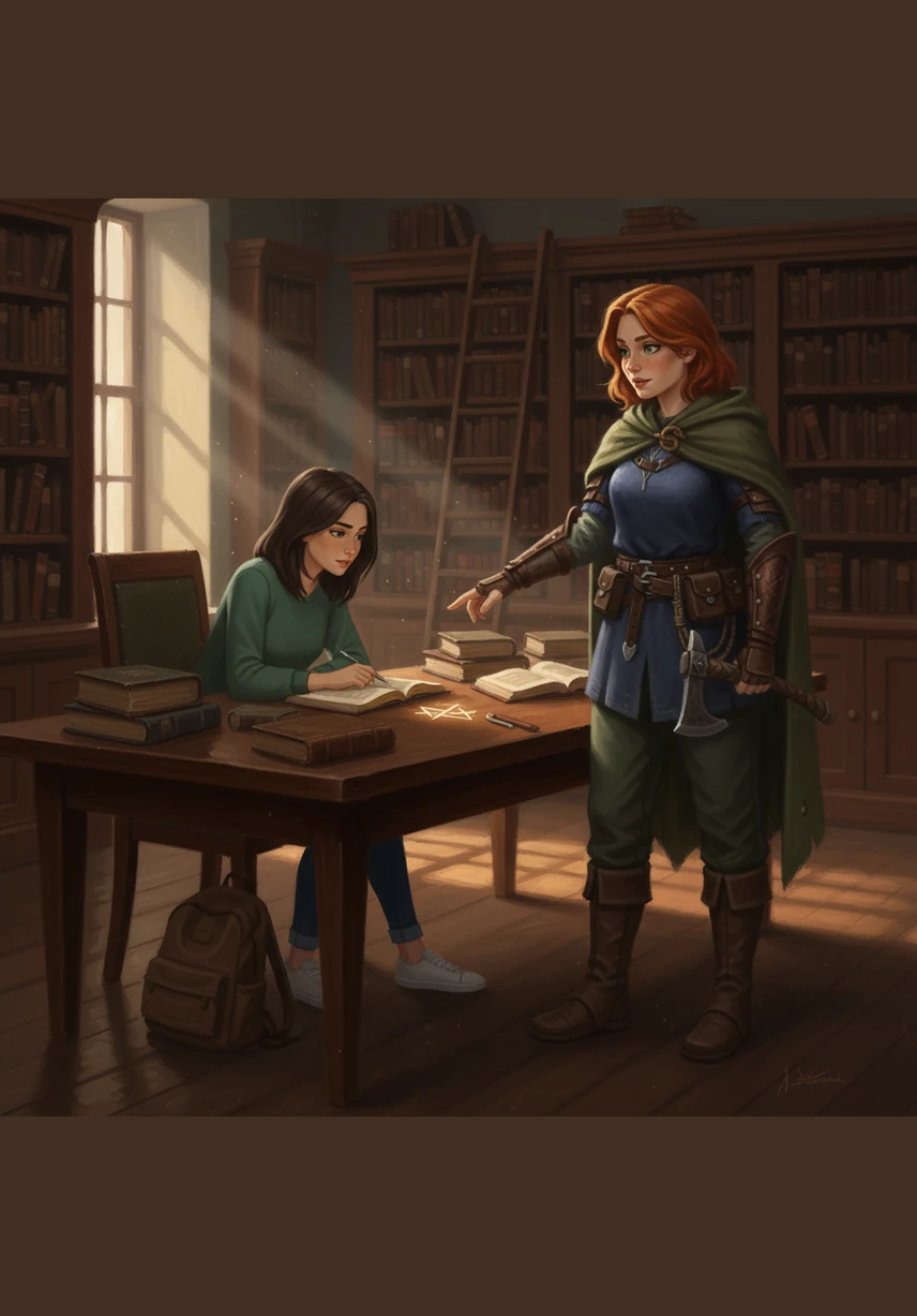Inside the quiet library, Josie sits alone at a large mahogany table, her tall frame leaning over a stack of complex textbooks. Despite her dark brown hair and sharp focus, there is a certain stillness about her that keeps others at a distance, though she looks perfectly composed.