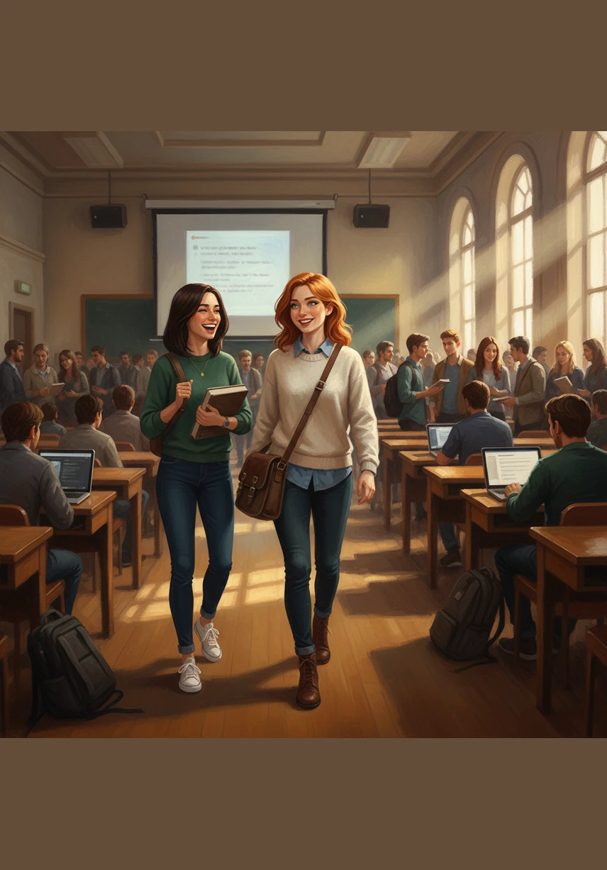 During a crowded lecture hall break, Aubrey notices how others skirt around Josie, but she walks right up to her friend with a bright smile. Josie offers a dry, witty remark about the professor that makes Aubrey giggle, making the surrounding whispers fade into the background.